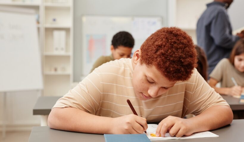 Red Haired Boy Studying in School