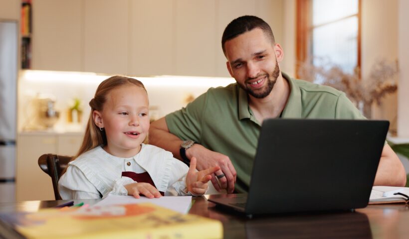 Homework, father and girl with pc, help and education with elearning, talking and child development
