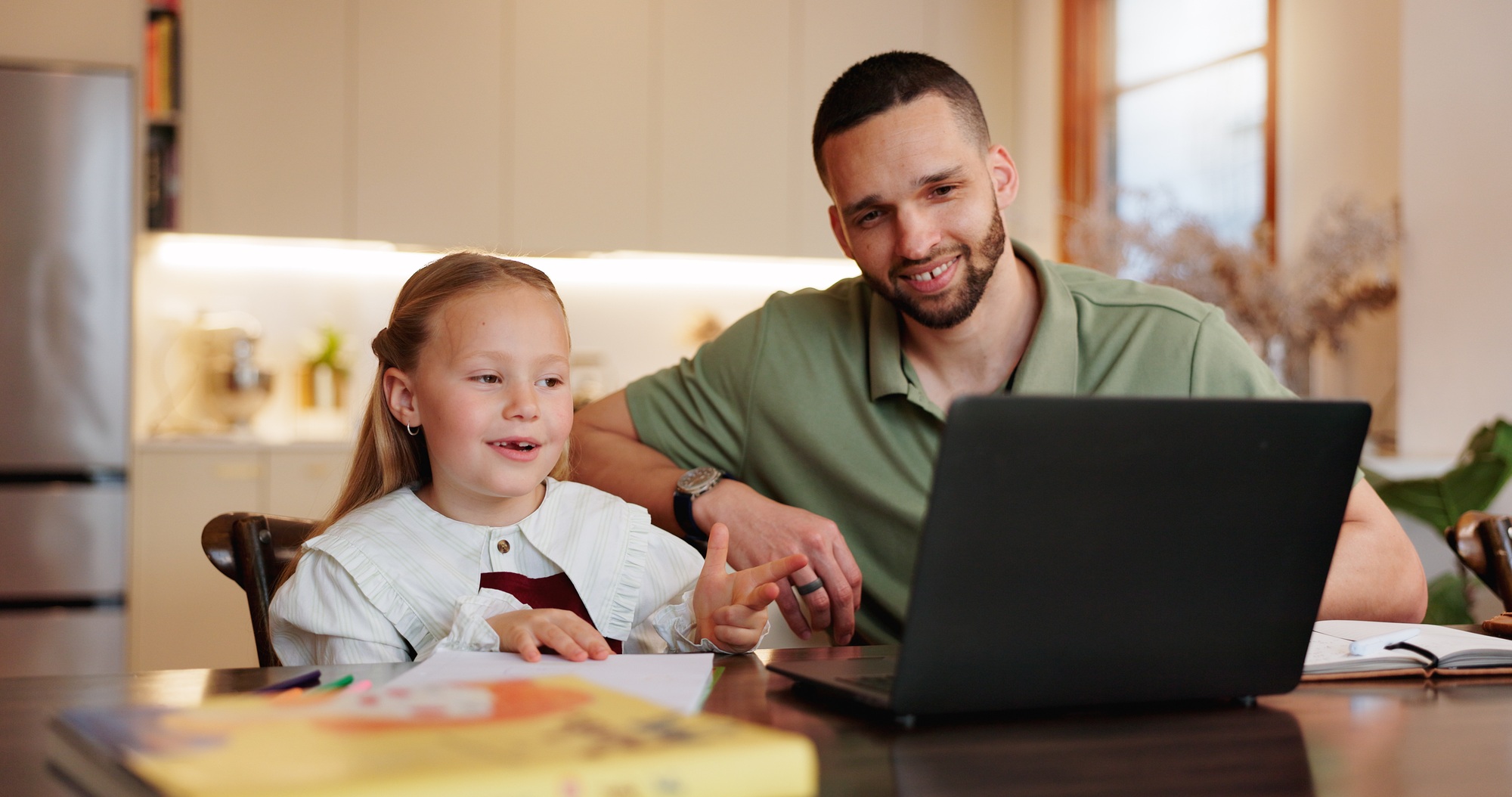 Homework, father and girl with pc, help and education with elearning, talking and child development