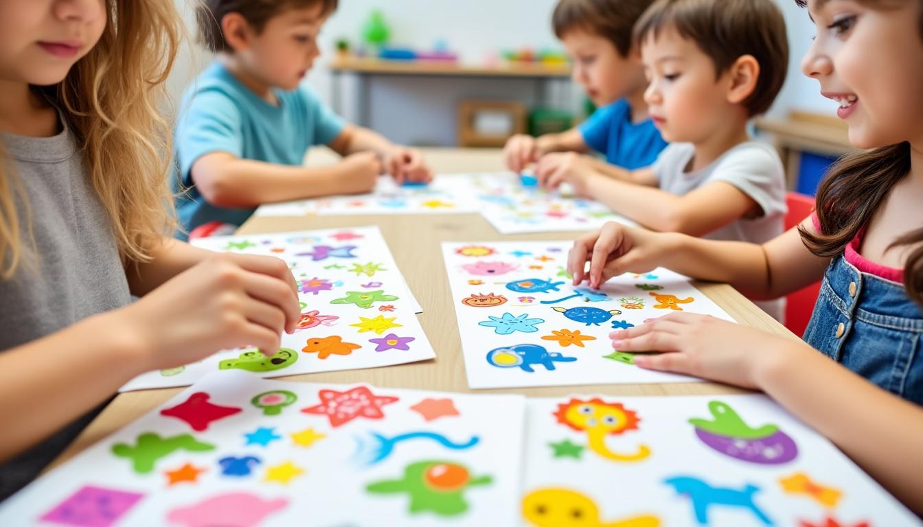 stimulez l’imagination des enfants en leur proposant une activité collage ludique avec des gommettes. idéale pour développer leur créativité, motricité fine et passer un moment convivial en famille !