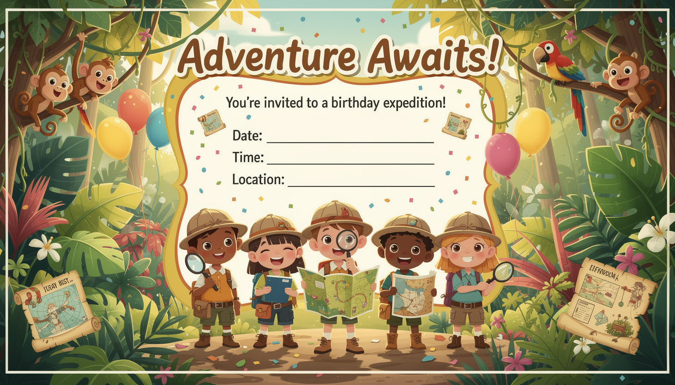 découvrez nos invitations créatives pour un anniversaire d'enfant sur le thème de l'explorateur curieux, parfaites pour inviter famille et amis à une fête pleine d'aventures et de découvertes.