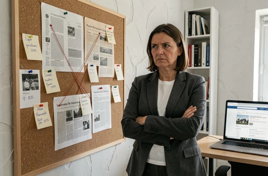 Femme analysant un tableau de connexions avec des captures Wikipedia et des coupures de presse sur les rumeurs Trogneux