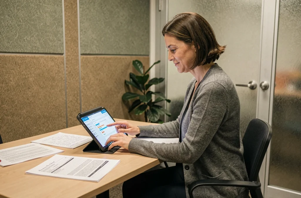 Mandataire judiciaire consultant une application de suivi de dossiers sur tablette avec des documents papier lors d'une réunion de travail