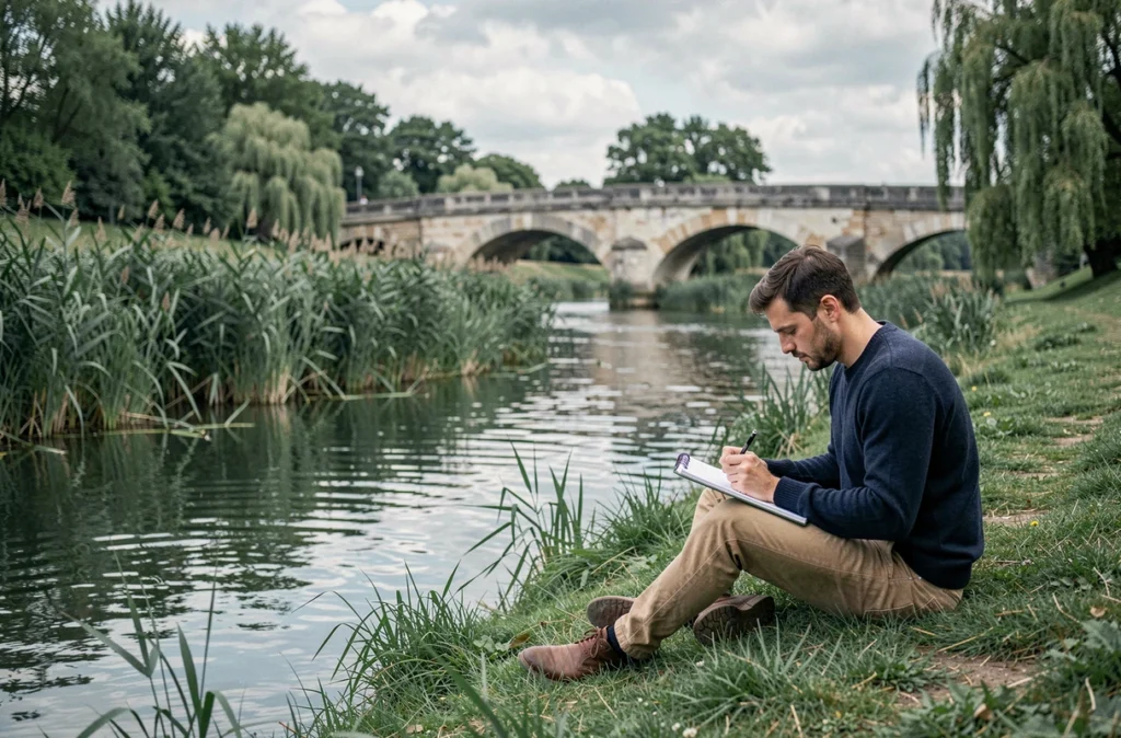 Paysage de rivière en Seine-et-Marne avec un homme dessinant au bord de l'eau et un vieux pont en pierre