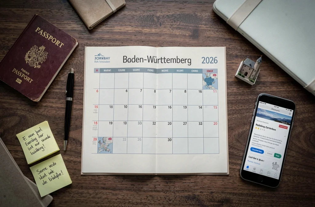 Calendrier des vacances scolaires 2026 du Baden-Württemberg avec passeport et confirmation de réservation de voyage
