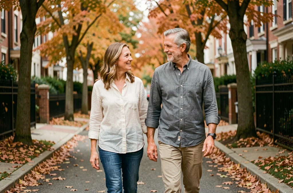 Couple se promenant dans une rue résidentielle en automne, illustrant l'intimité et la vie privée d'un couple célèbre