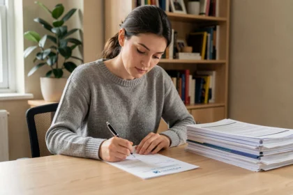 Femme remplissant une demande d'acte de naissance à son bureau à domicile