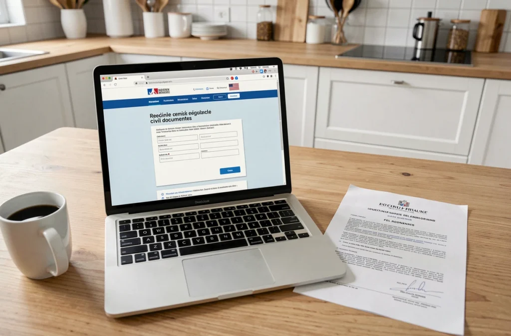 Ordinateur portable affichant un formulaire de demande d'acte de naissance en ligne sur un site officiel