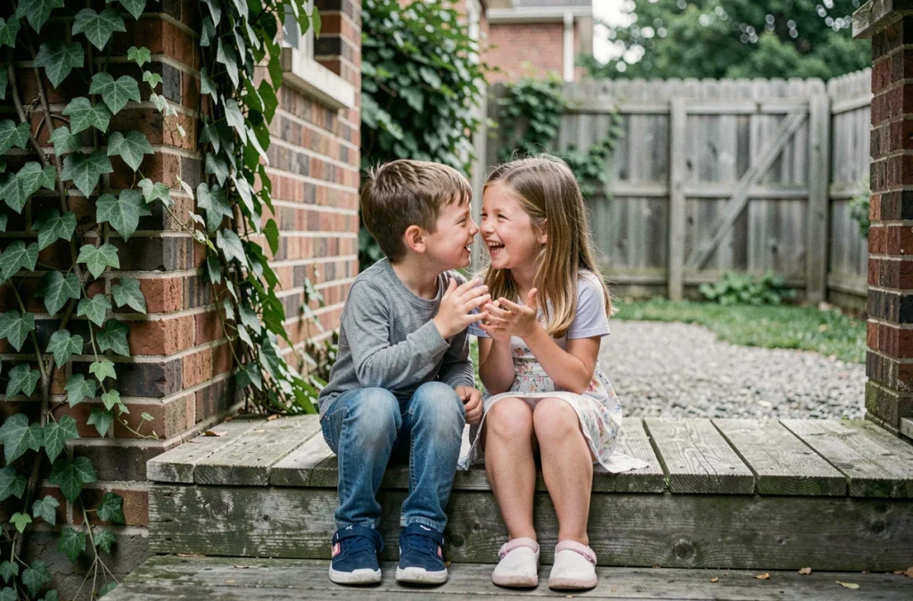 Deux enfants riant et partageant des secrets sur des marches en bois, évoquant les liens affectifs et la psychologie relationnelle de l'enfance