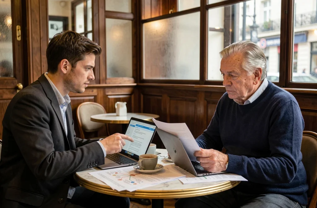 Deux hommes discutant de généalogie et de désinformation autour d'une page Wikipédia dans un café parisien