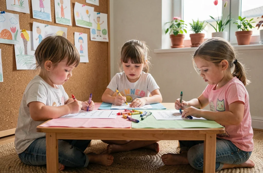 Enfants de maternelle concentrés sur leurs exercices de dessin à relier avec des crayons de couleur en classe