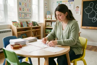 Enseignante de maternelle qui prépare des fiches de dessin à relier pour ses élèves dans une salle de classe colorée