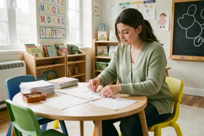Enseignante de maternelle qui prépare des fiches de dessin à relier pour ses élèves dans une salle de classe colorée
