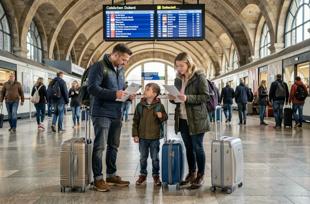 Famille avec enfants dans une gare allemande pendant les vacances scolaires du Baden-Württemberg, réservation anticipée de voyage