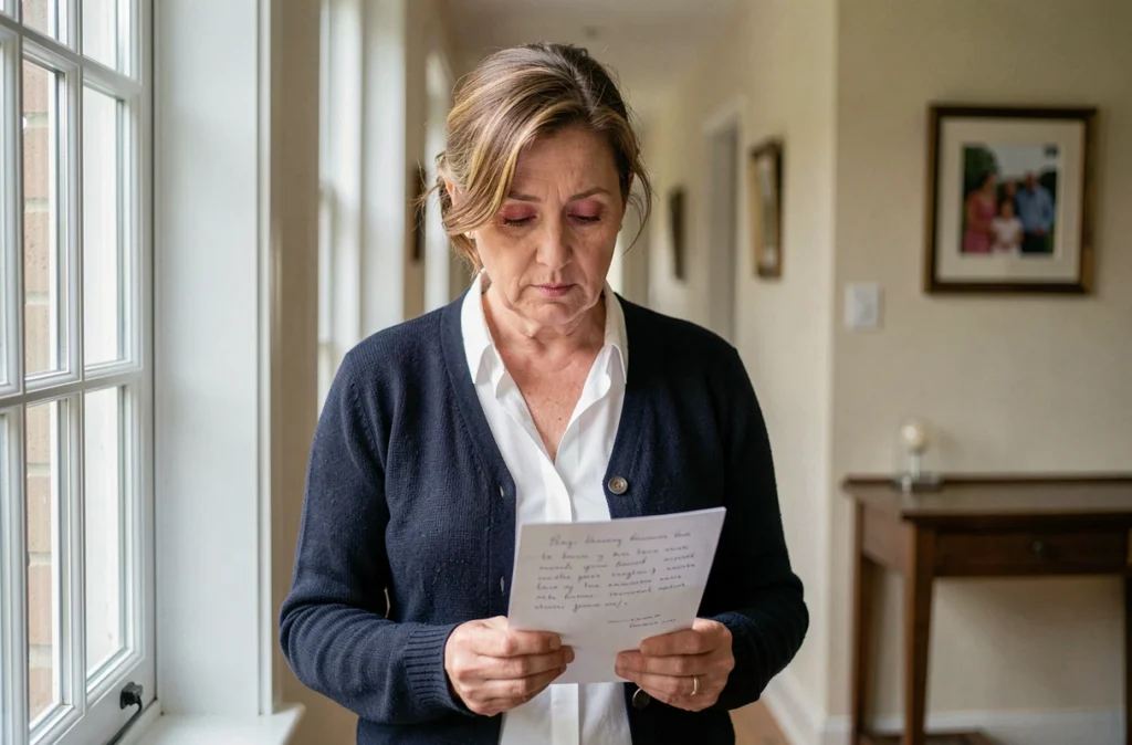 Femme âgée debout dans un couloir tenant une lettre manuscrite, expression introspective et digne, illustrant une démarche de pardon sincère
