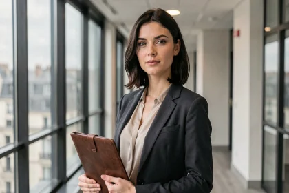 Femme politique française élégante dans un couloir de bureau moderne à Paris, tenant un portfolio en cuir, regard professionnel et posé