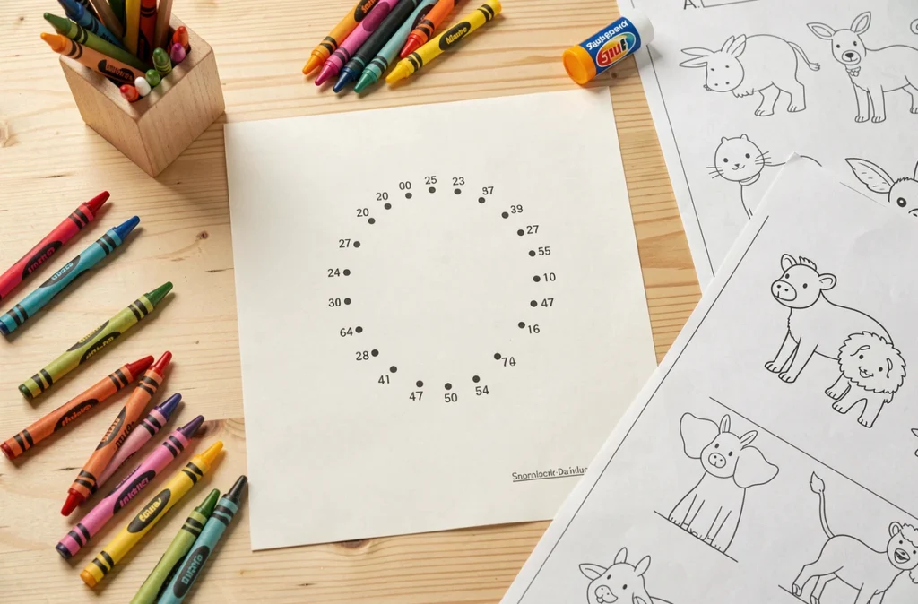 Vue du dessus d'une table de maternelle avec des fiches de dessin à relier et des crayons colorés disposés pour une activité pédagogique