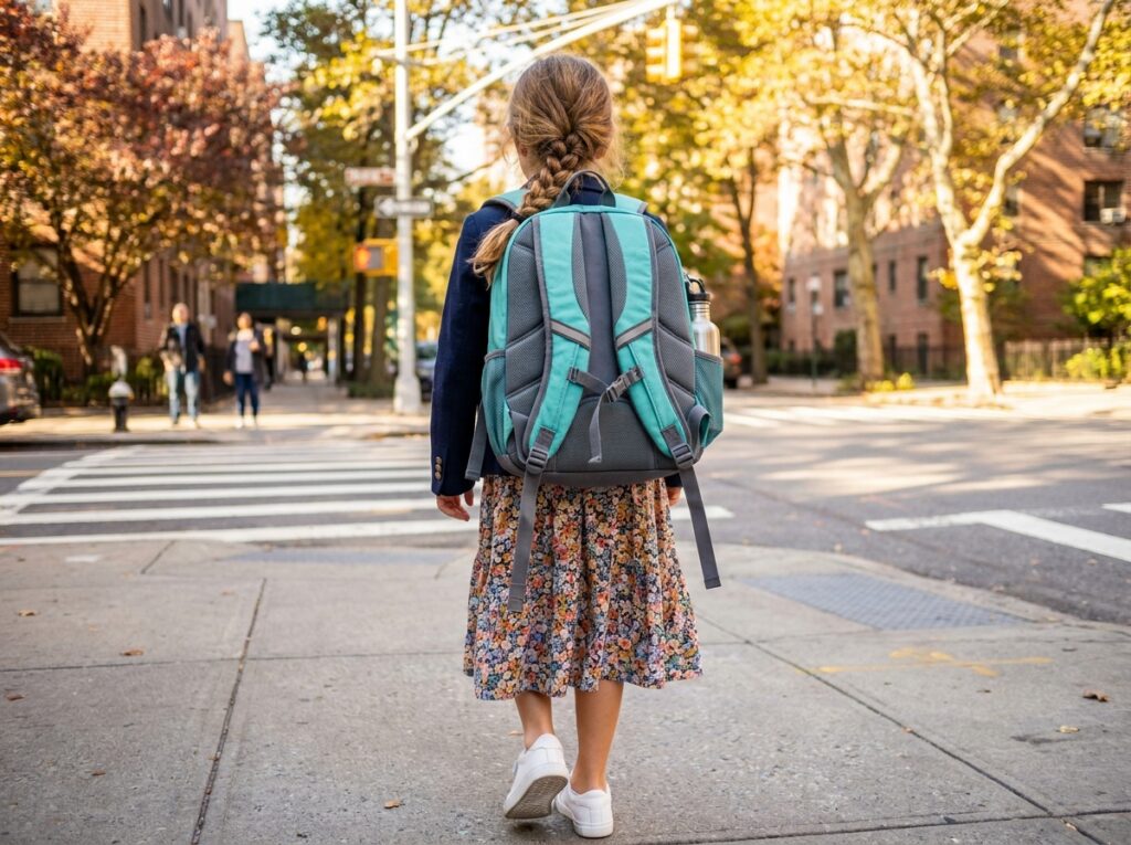 Fillette portant un cartable bien ajusté sur le chemin de l'école le long d'un trottoir arboré en automne