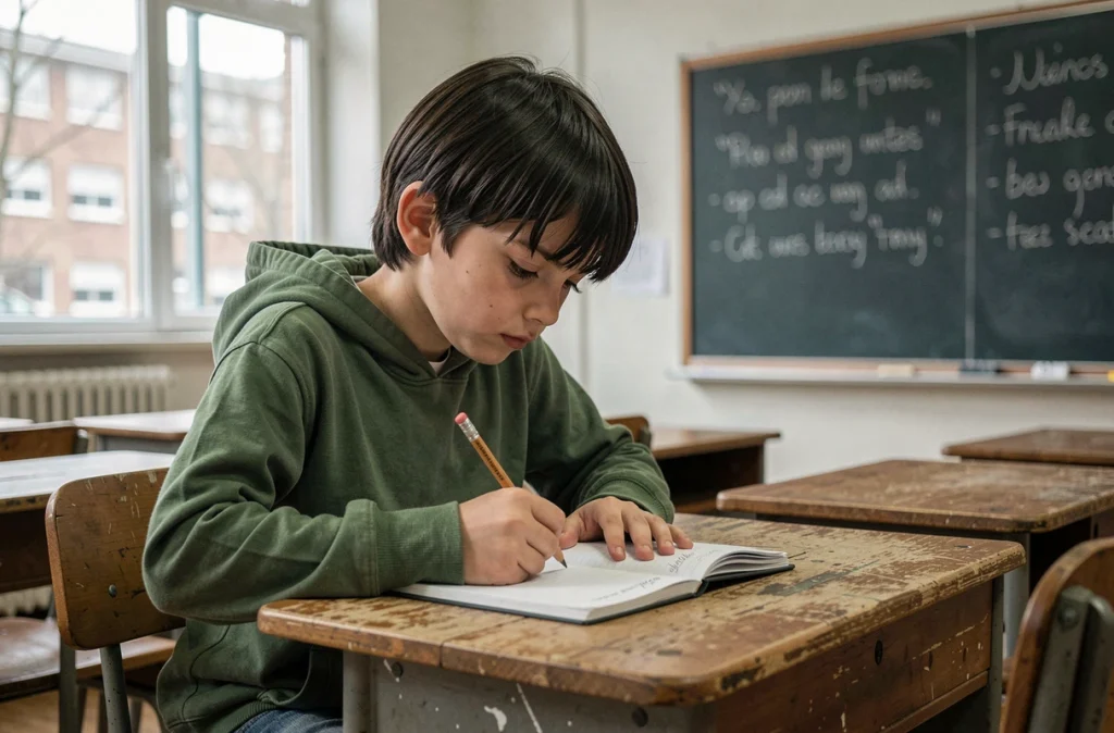 Garçon concentré écrivant dans un cahier en classe, symbolisant l'expression des émotions et la psychologie de l'enfance