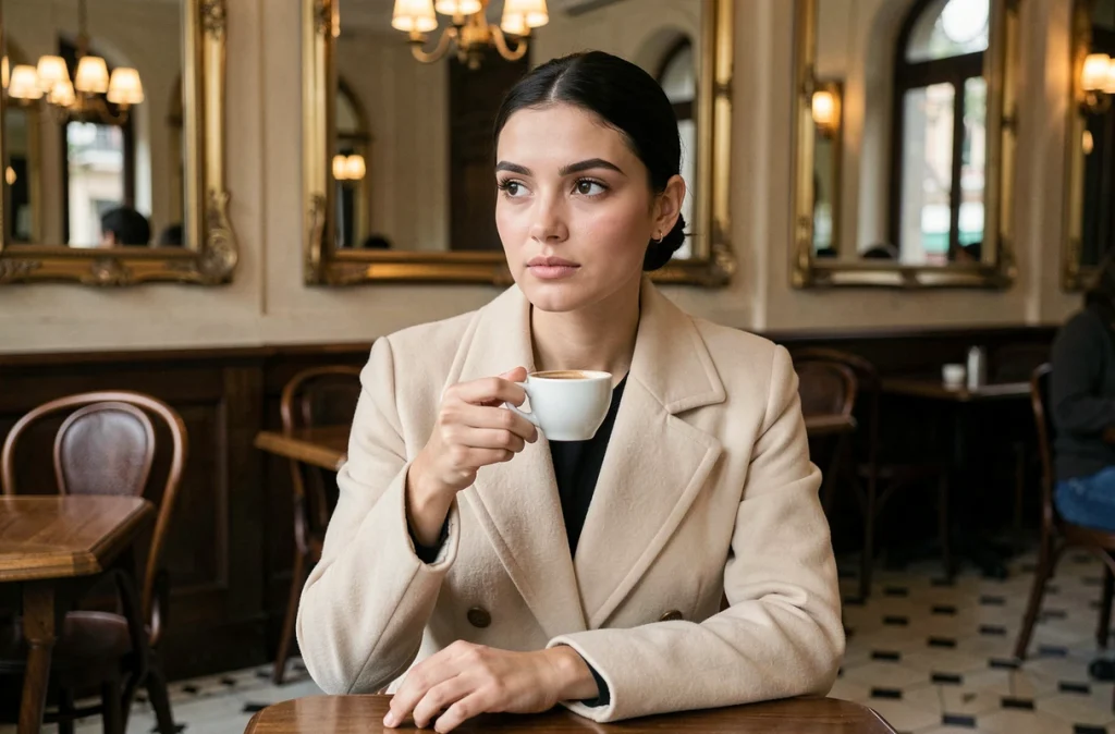 Jeune femme brune en manteau crème assise dans une brasserie parisienne traditionnelle, tenant une tasse d'expresso, atmosphère authentique et élégante