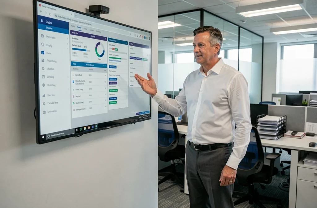 Professionnel juridique présentant un logiciel de gestion de mesures de protection sur grand écran dans un espace de travail collaboratif