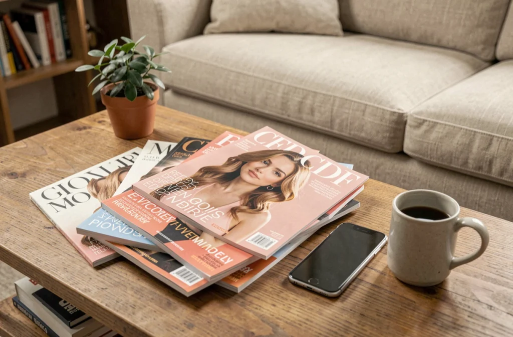 Magazines people et smartphone posés sur une table basse, représentant la curiosité des fans pour la vie privée des célébrités