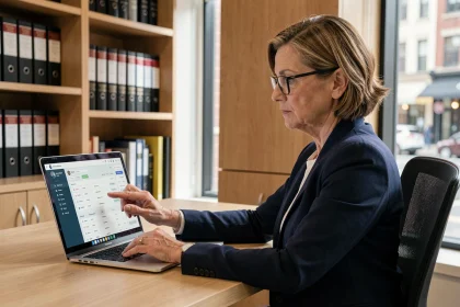 Mandataire judiciaire femme consultant un tableau de bord de suivi de mesures sur ordinateur portable dans un bureau juridique moderne