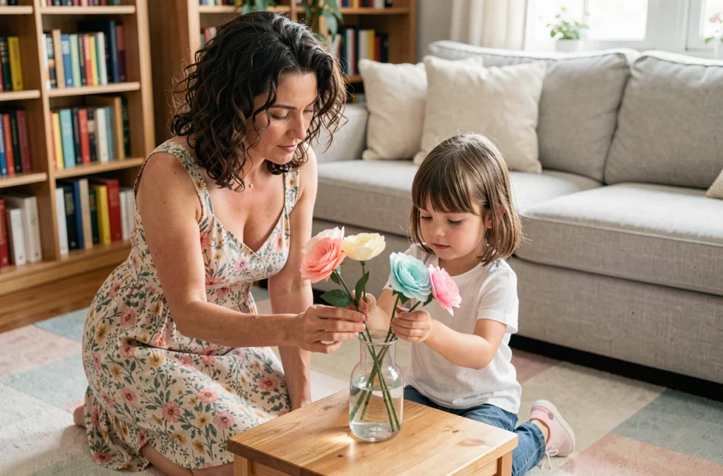 Une marraine aidant sa jeune filleule à confectionner des fleurs en papier dans un salon lumineux et douillet, symbole d'une relation maternelle bienveillante
