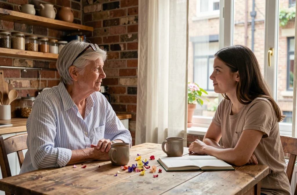 Une marraine partageant un moment complice autour d'une tasse de thé avec sa filleule adulte dans une cuisine chaleureuse et rustique