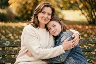 Une marraine et sa filleule adolescente se tenant dans les bras dans un jardin automnal, exprimant une relation tendre et maternelle