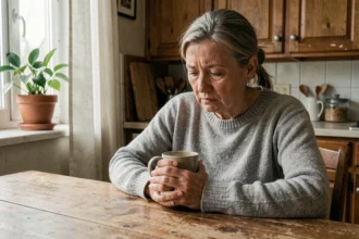 Femme d'une cinquantaine d'années assise seule à une table de cuisine, l'air pensif et mélancolique, tenant une tasse en céramique entre ses mains