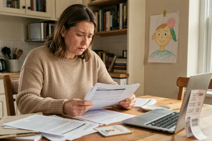 Mère séparée examinant des documents fiscaux et des reçus de cantine scolaire à la maison