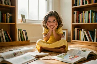 Petite fille pensive entourée de livres ouverts sur un tapis, illustrant la psychologie de l'enfant et la curiosité intellectuelle
