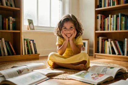 Petite fille pensive entourée de livres ouverts sur un tapis, illustrant la psychologie de l'enfant et la curiosité intellectuelle