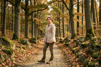 Femme en randonnée sur un sentier forestier en Seine-et-Marne à l'automne, entourée de chênes et de feuilles dorées