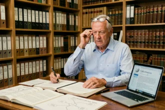 Homme consultant des archives généalogiques et une page Wikipédia pour démêler les rumeurs sur Jean Jacques Trogneux