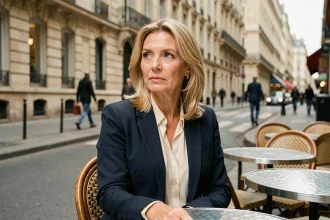 Femme élégante assise à une terrasse de café parisien, symbolisant la vie privée et la discrétion d'une personnalité publique