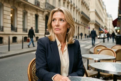Femme élégante assise à une terrasse de café parisien, symbolisant la vie privée et la discrétion d'une personnalité publique