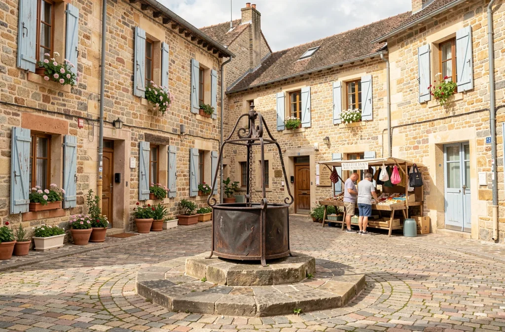 Place de village pittoresque en Seine-et-Marne avec marché local, façades en pierre et volets colorés
