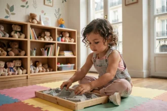 Petite fille de 3 ans jouant calmement avec du sable cinétique dans un atelier créatif parisien adapté aux enfants sensibles au bruit