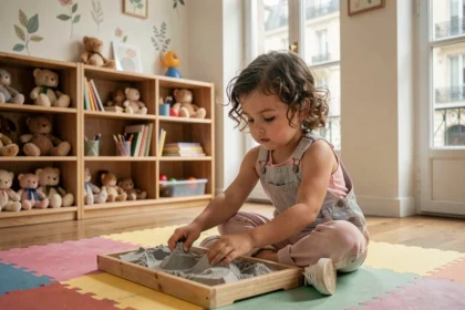 Petite fille de 3 ans jouant calmement avec du sable cinétique dans un atelier créatif parisien adapté aux enfants sensibles au bruit