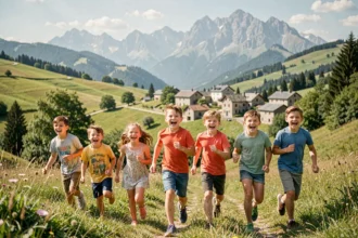 Groupe d'enfants joyeux courant dans un paysage verdoyant des Pyrénées-Atlantiques avec des montagnes en arrière-plan