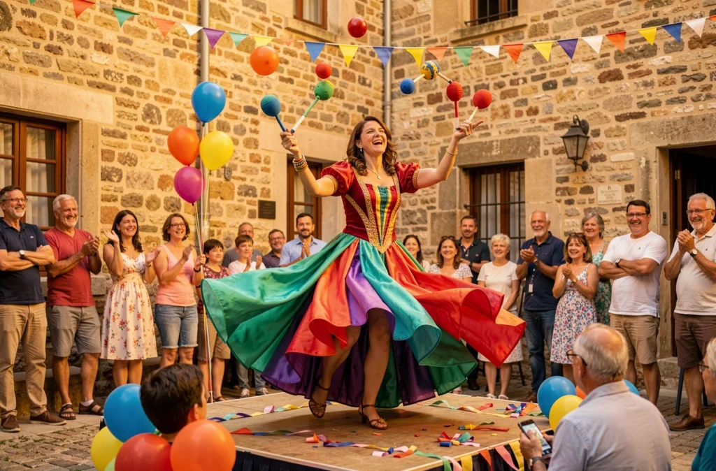 Animatrice artistique en costume coloré réalisant une animation de jonglerie lors d'un anniversaire à Perpignan pour l'agence Anim'Passion