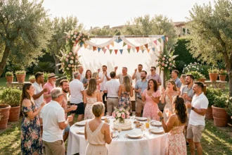 Vue d'ensemble d'une animation d'anniversaire festive en plein air en Occitanie avec scène décorée et invités dansant