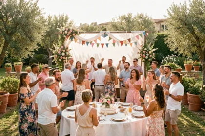Vue d'ensemble d'une animation d'anniversaire festive en plein air en Occitanie avec scène décorée et invités dansant