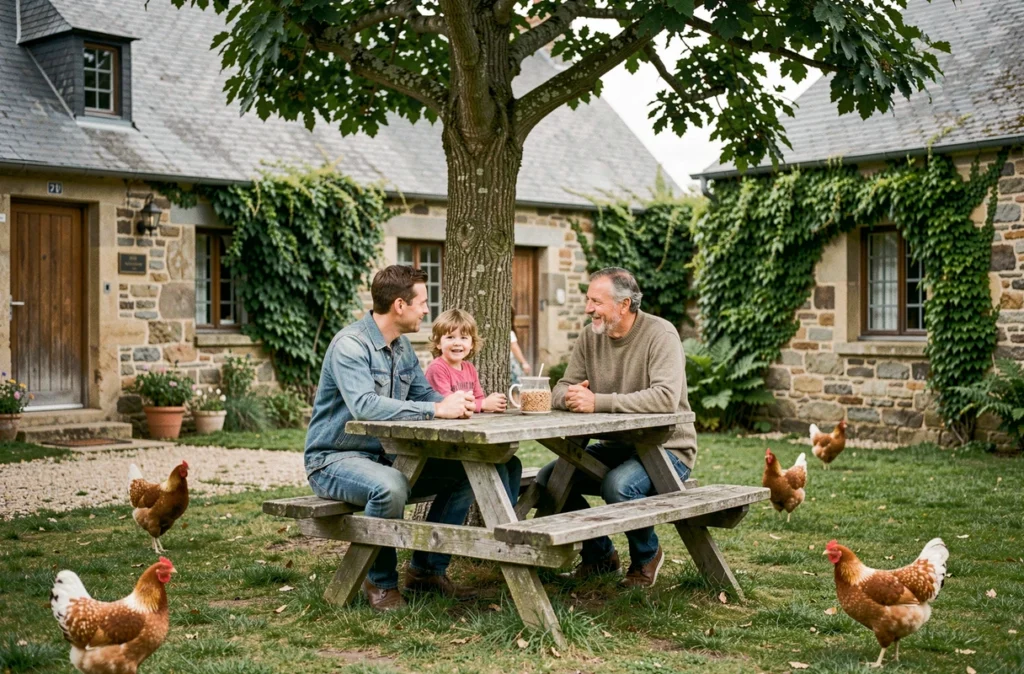 Famille attablée dans la cour d'une ferme-auberge bretonne typique avec murs en pierre et poules en liberté, Côtes-d'Armor