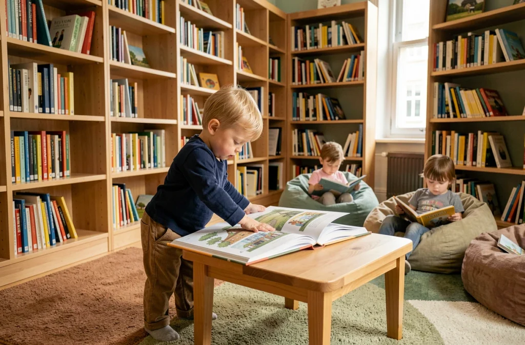 Enfant de 3 ans feuilletant tranquillement un album illustré dans une bibliothèque jeunesse silencieuse à Paris