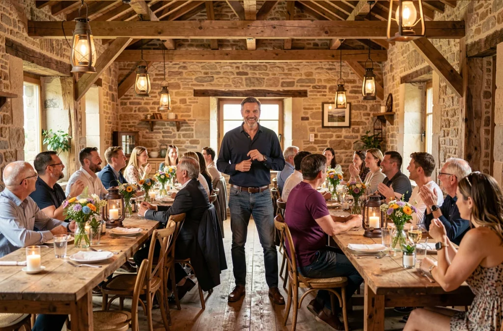 Animateur proposant une animation immersive pour un anniversaire dans une salle de réception rustique dans le Tarn pour By Anim