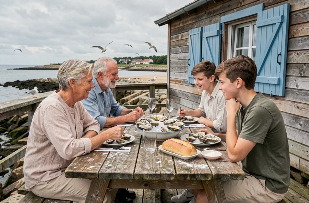 Famille déjeunant en plein air à La Cabane à Huîtres sur le littoral morbihannais avec vue sur l'estuaire