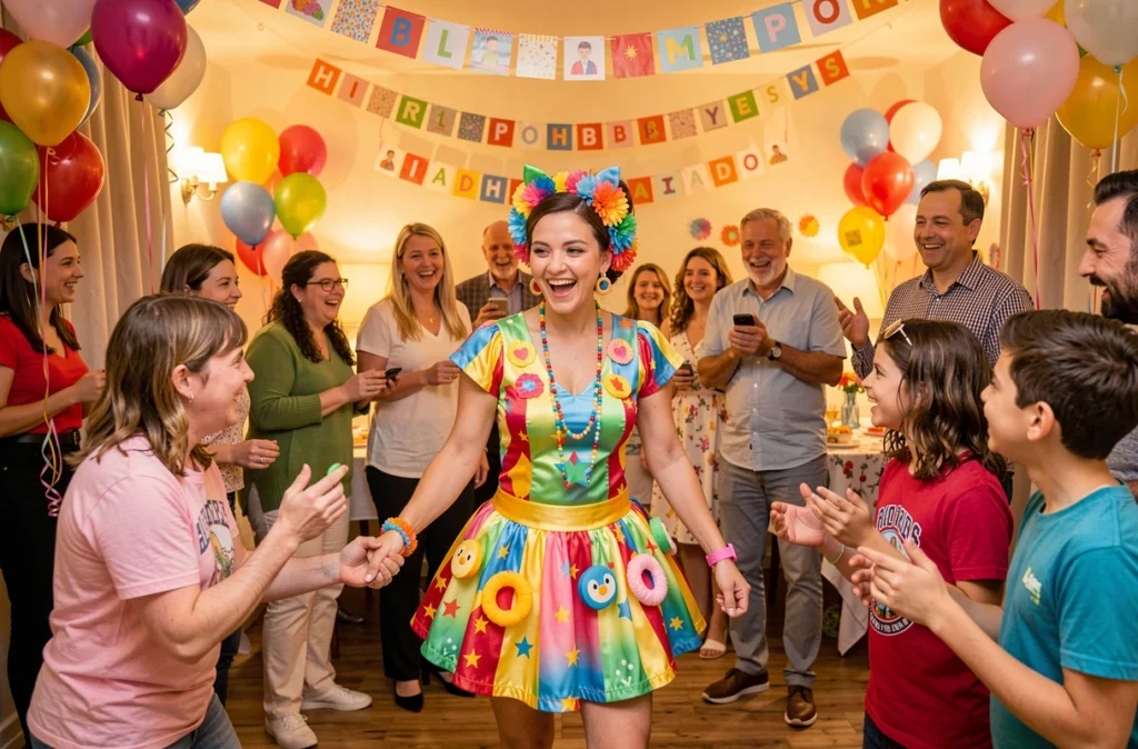 Animatrice festive en tenue colorée animant un jeu interactif pour tous les publics lors d'un anniversaire pour CocoNight